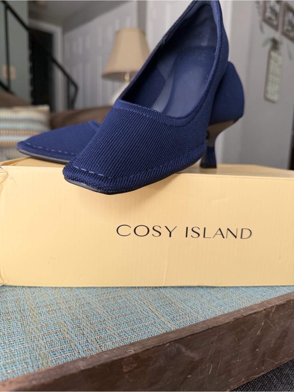 Women's Navy Knit Square-Toe Pumps